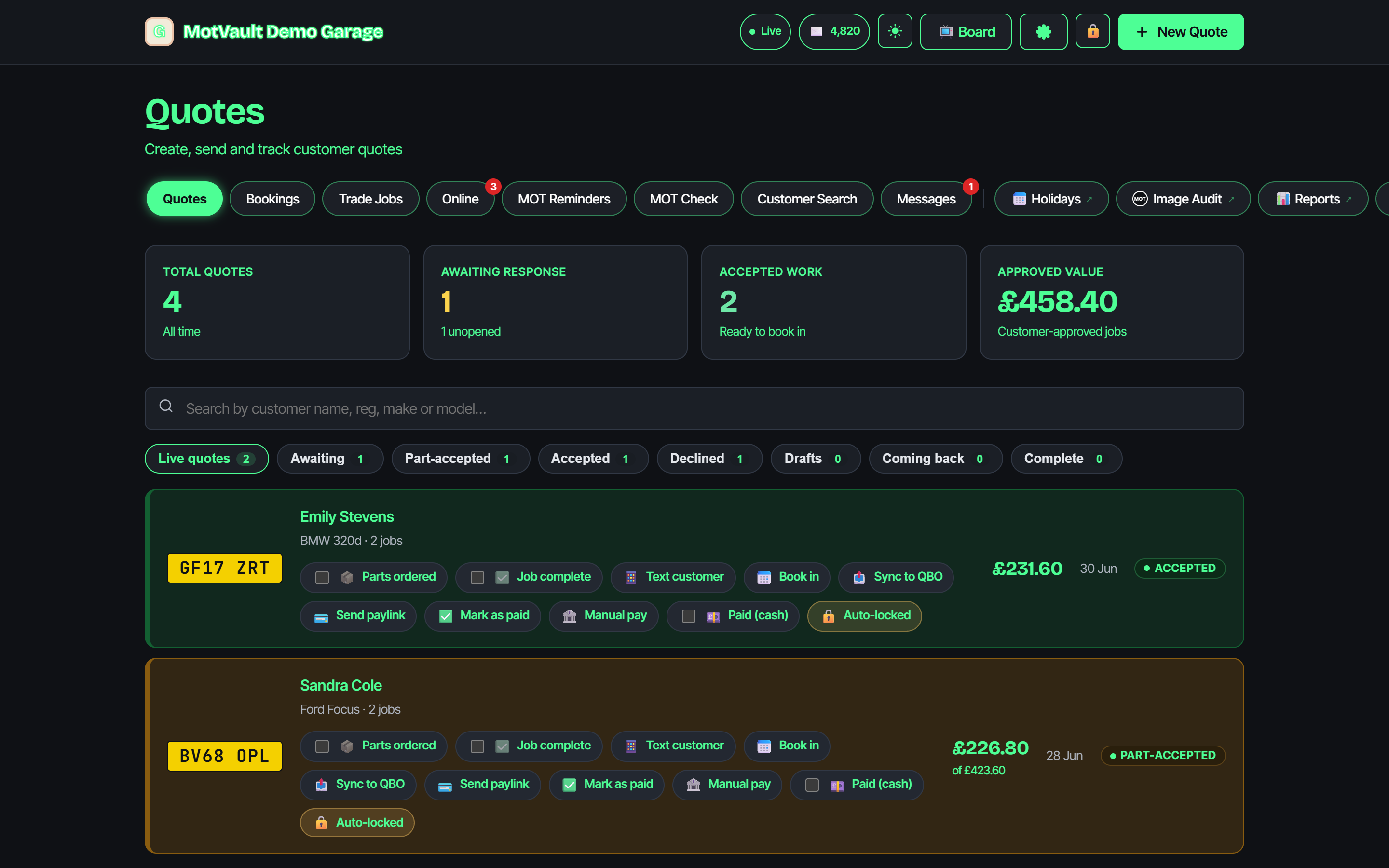 MOTvault quotes dashboard